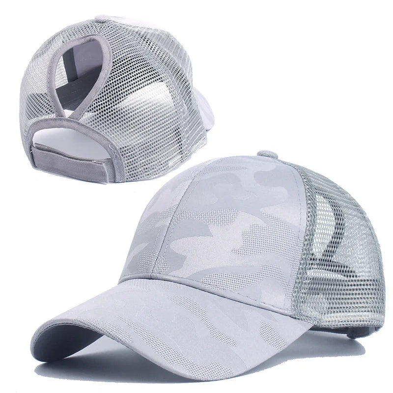 Camouflage Mesh Ponytail Trucker Cap – Atmungsaktive Baseballkappe mit Pferdeschwanz Öffnung & Mesh Netz für Damen Outdoor Looks
