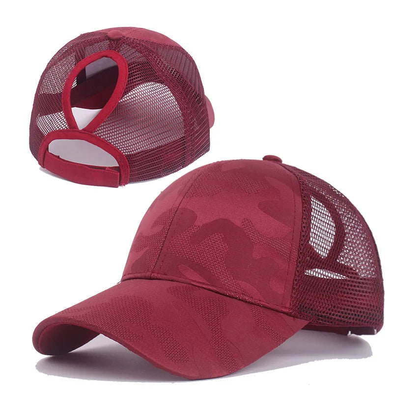 Camouflage Mesh Ponytail Trucker Cap – Atmungsaktive Baseballkappe mit Pferdeschwanz Öffnung & Mesh Netz für Damen Outdoor Looks