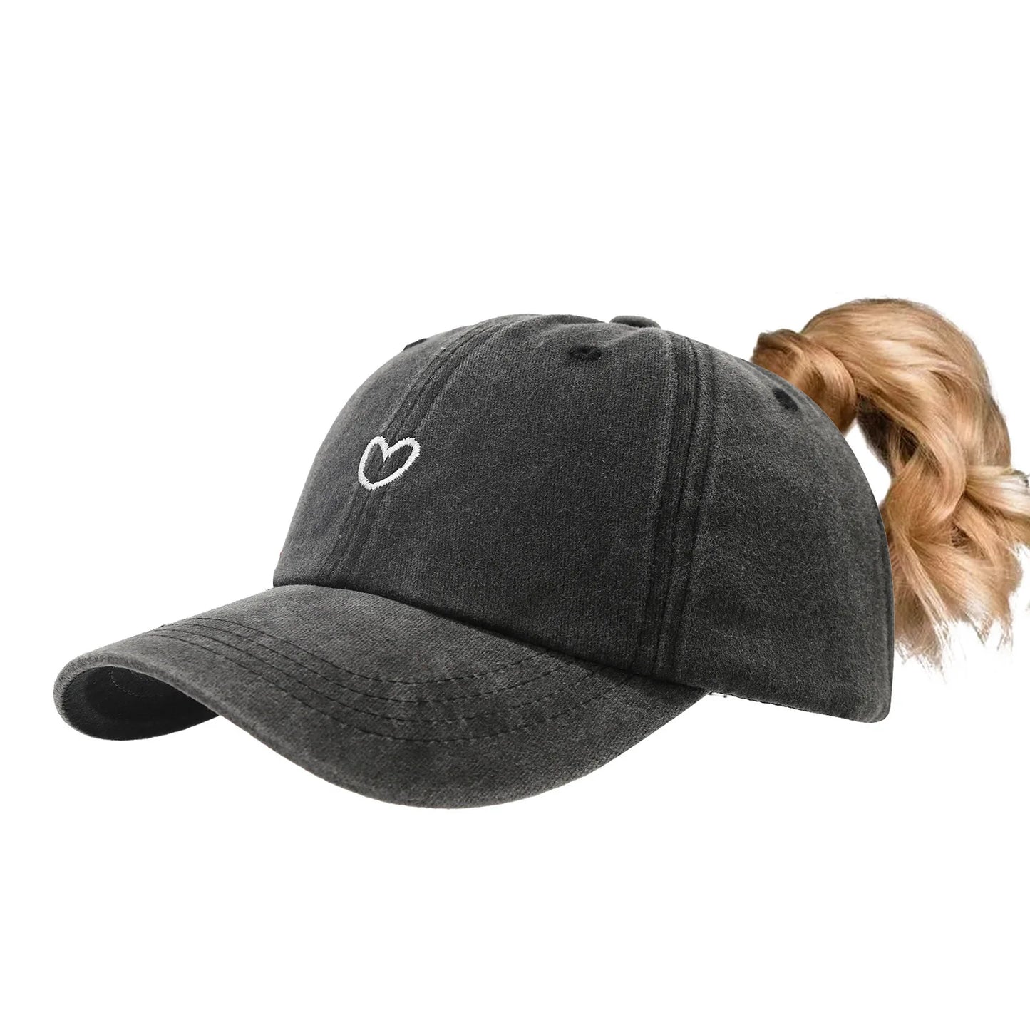 Herz Ponytail Baseballkappe im Used Look – Verstellbare Damen Cap mit Pferdeschwanz Öffnung für Alltag, Freizeit & Outdoor