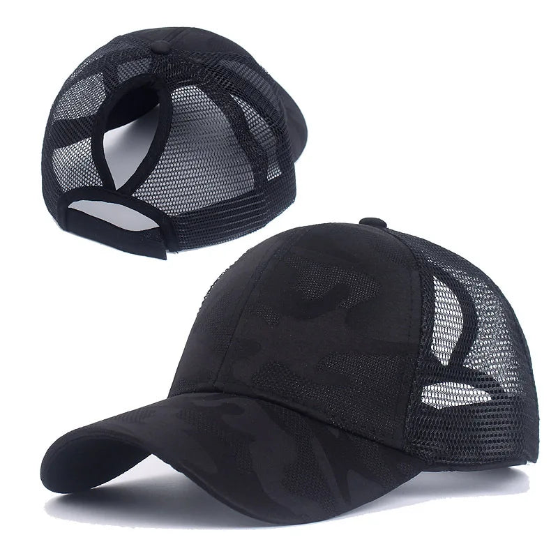 Camouflage Mesh Ponytail Trucker Cap – Atmungsaktive Baseballkappe mit Pferdeschwanz Öffnung & Mesh Netz für Damen Outdoor Looks