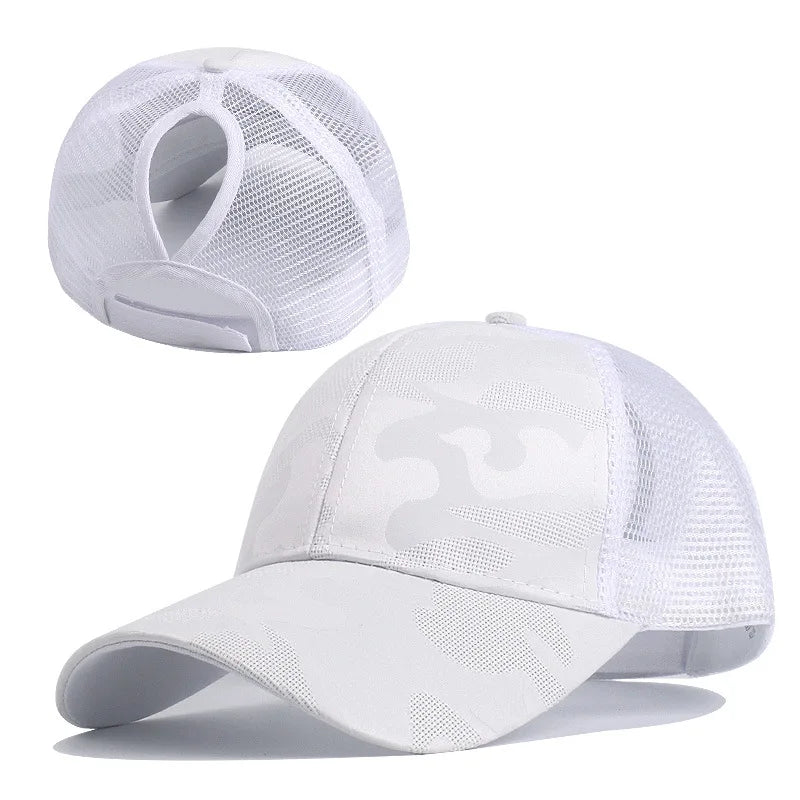 Camouflage Mesh Ponytail Trucker Cap – Atmungsaktive Baseballkappe mit Pferdeschwanz Öffnung & Mesh Netz für Damen Outdoor Looks