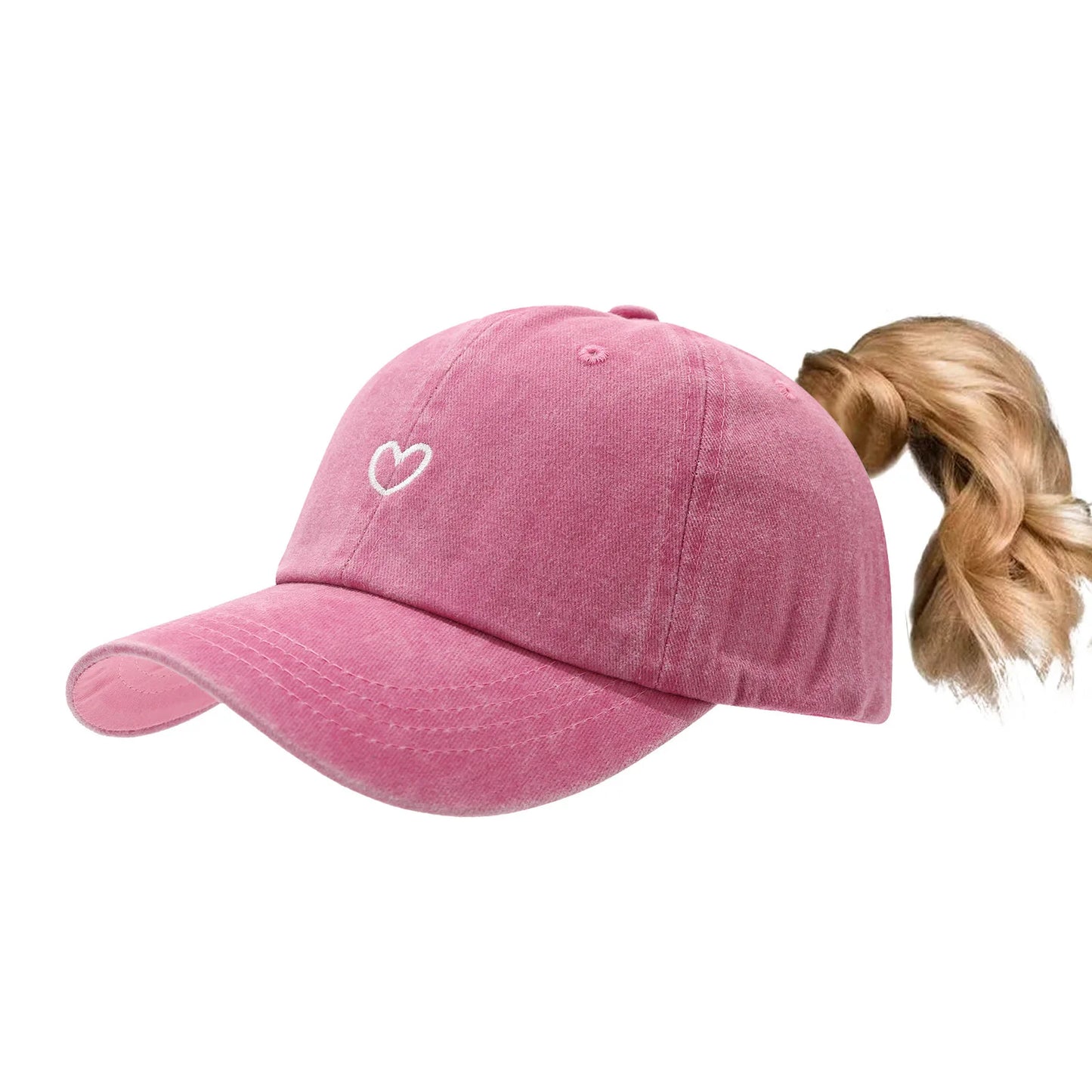 Herz Ponytail Baseballkappe im Used Look – Verstellbare Damen Cap mit Pferdeschwanz Öffnung für Alltag, Freizeit & Outdoor
