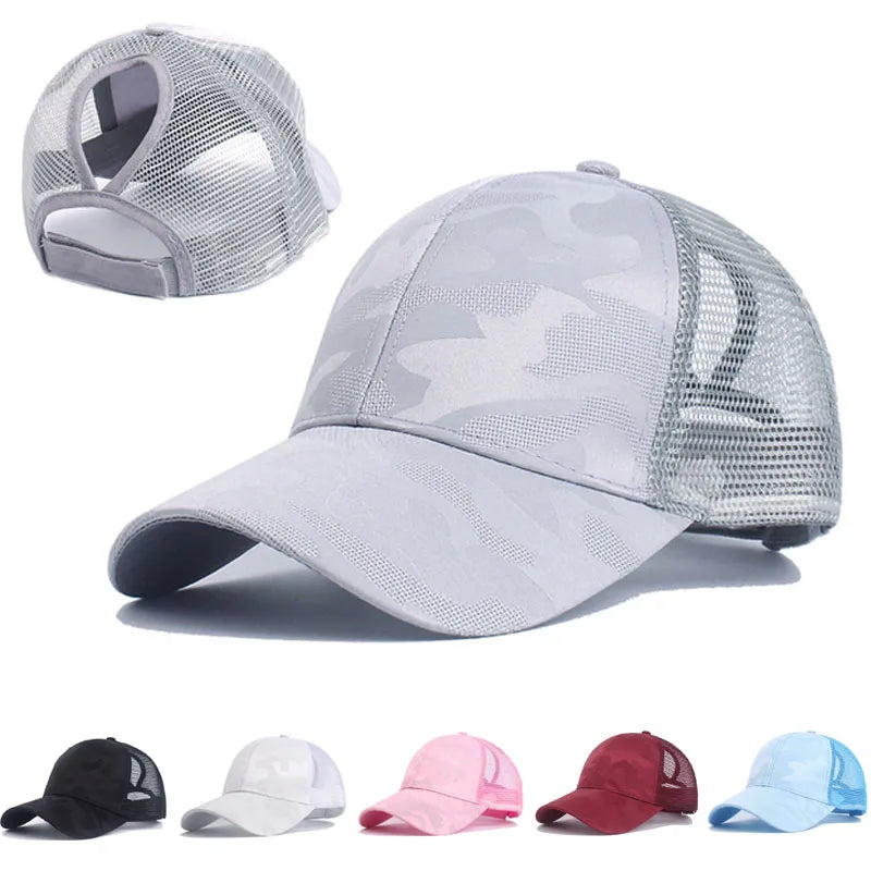 Camouflage Mesh Ponytail Trucker Cap – Atmungsaktive Baseballkappe mit Pferdeschwanz Öffnung & Mesh Netz für Damen Outdoor Looks