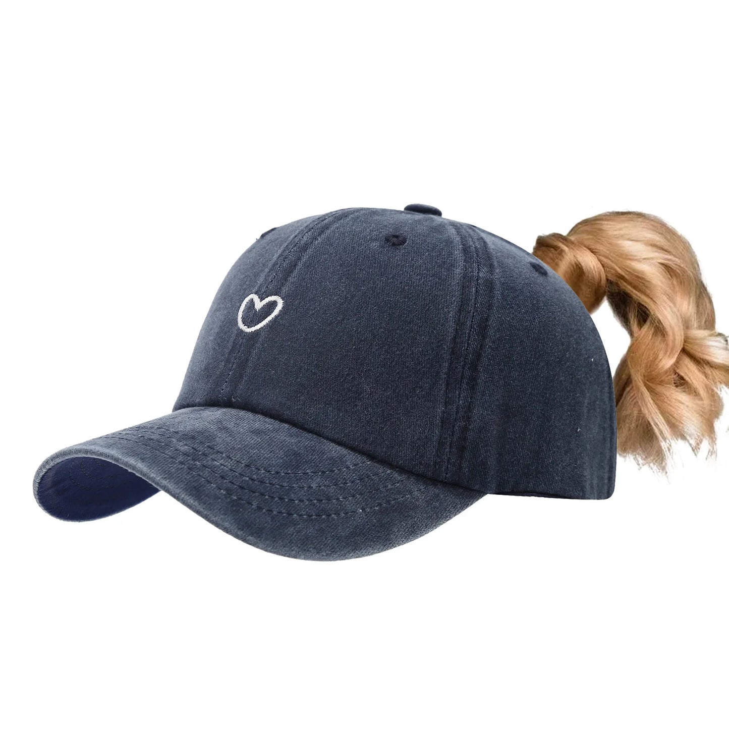 Herz Ponytail Baseballkappe im Used Look – Verstellbare Damen Cap mit Pferdeschwanz Öffnung für Alltag, Freizeit & Outdoor