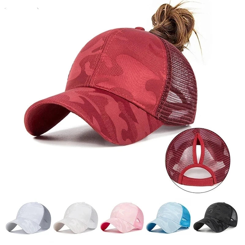 Camouflage Mesh Ponytail Trucker Cap – Atmungsaktive Baseballkappe mit Pferdeschwanz Öffnung & Mesh Netz für Damen Outdoor Looks