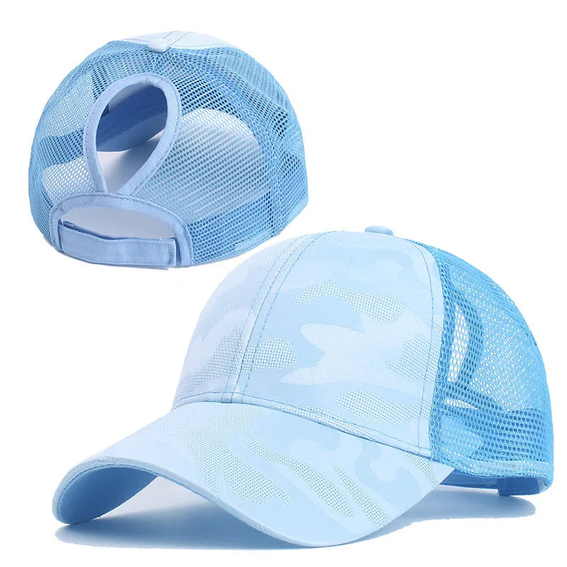 Camouflage Mesh Ponytail Trucker Cap – Atmungsaktive Baseballkappe mit Pferdeschwanz Öffnung & Mesh Netz für Damen Outdoor Looks