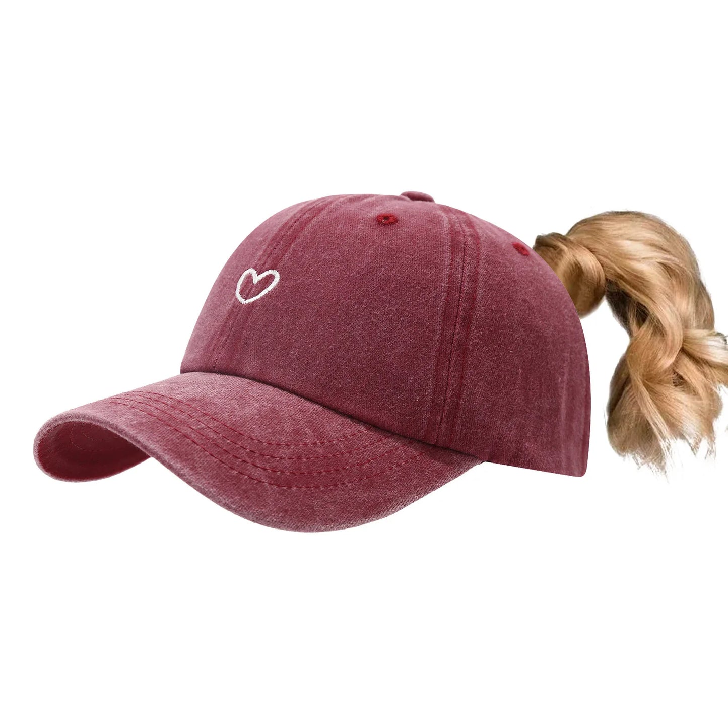 Herz Ponytail Baseballkappe im Used Look – Verstellbare Damen Cap mit Pferdeschwanz Öffnung für Alltag, Freizeit & Outdoor