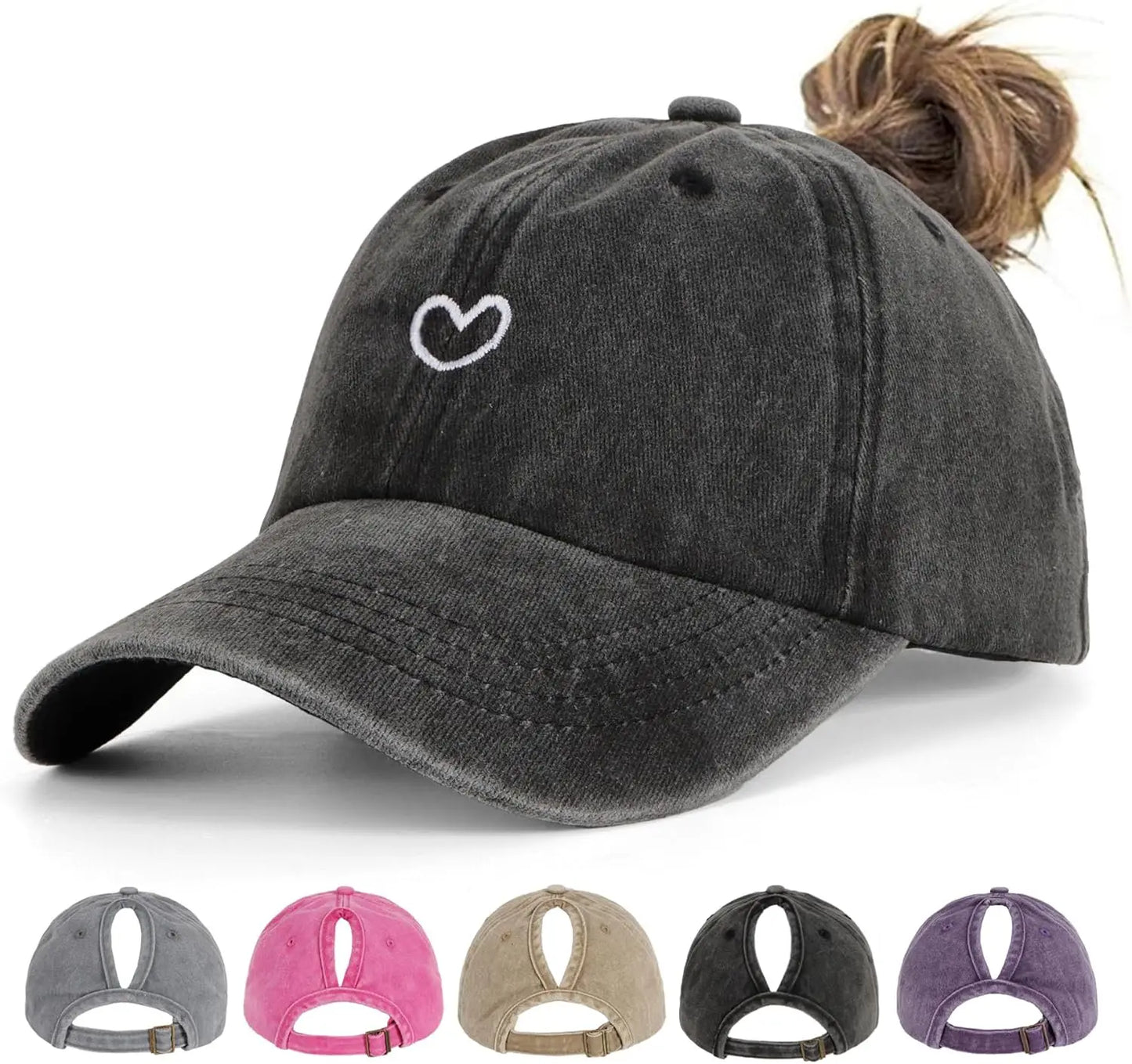 Herz Ponytail Baseballkappe im Used Look – Verstellbare Damen Cap mit Pferdeschwanz Öffnung für Alltag, Freizeit & Outdoor