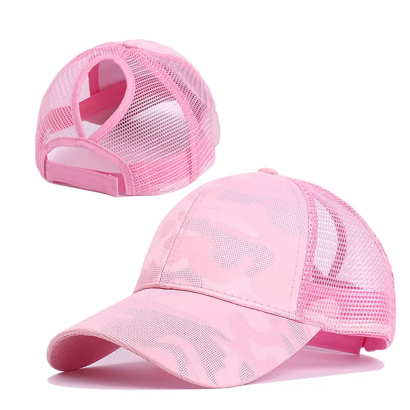 Camouflage Mesh Ponytail Trucker Cap – Atmungsaktive Baseballkappe mit Pferdeschwanz Öffnung & Mesh Netz für Damen Outdoor Looks