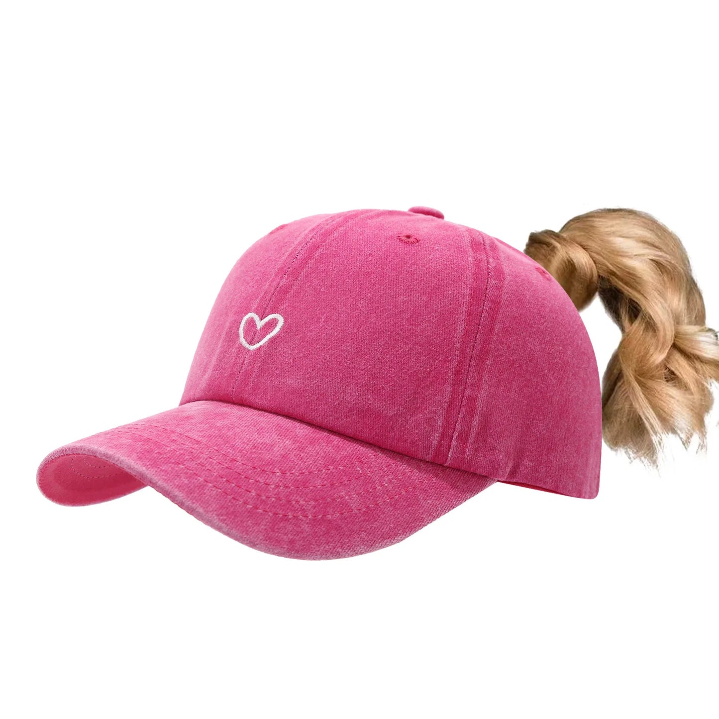 Herz Ponytail Baseballkappe im Used Look – Verstellbare Damen Cap mit Pferdeschwanz Öffnung für Alltag, Freizeit & Outdoor
